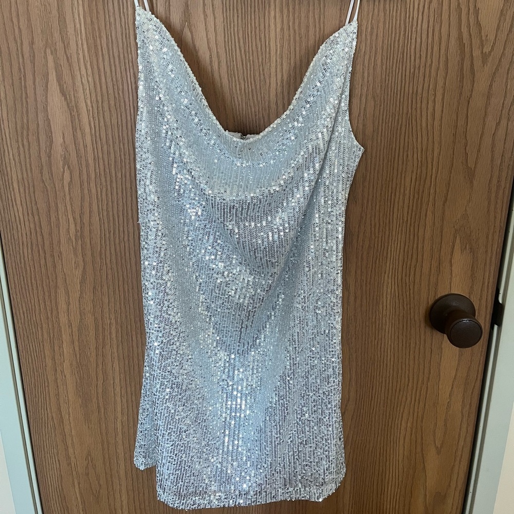 Sequin silver cowl neck dress